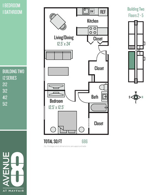 Floor plan for 1 bed, 1 bath, 686 sqft
